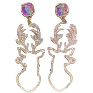 NEW PINK PANACHE women's glitter reindeer drop earrings in gold & iridescent gem